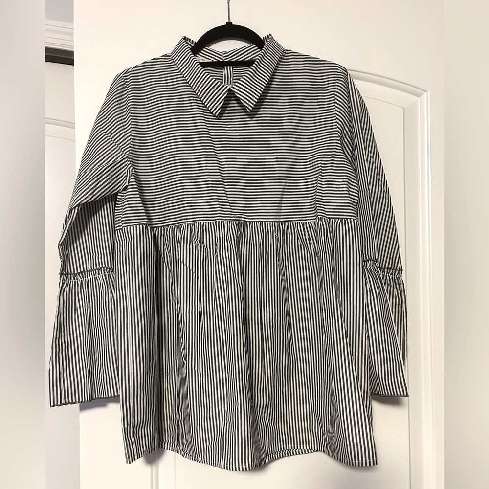 Designer Navy & White Pinstripe Blouse - Maus & Hoffman